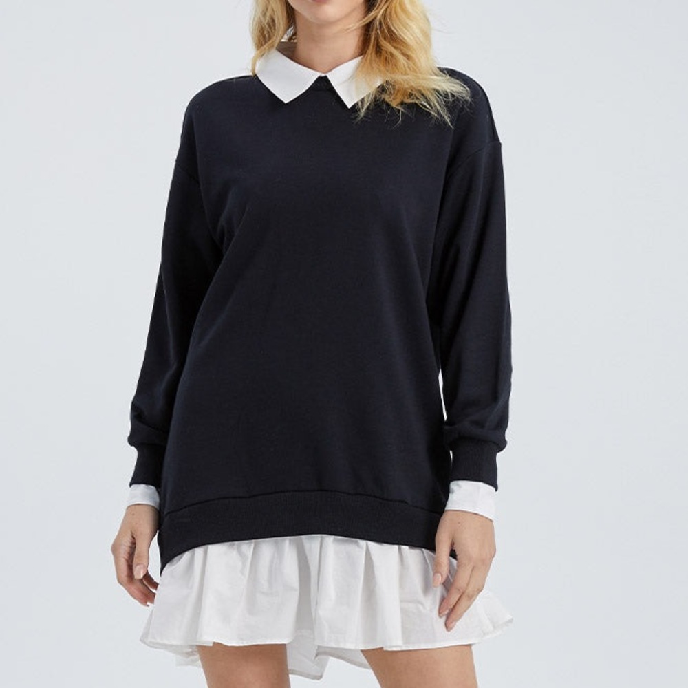 Urban Revivo Faux Sweater Long Sleeve Shirt Dress in Black with White Layer